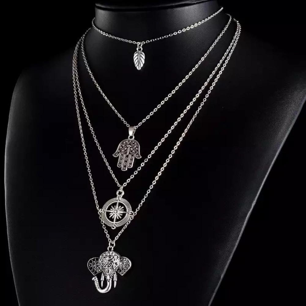 Boho Silver Leaf Hamsa Compass Elephant Necklace - Picture 5 of 15